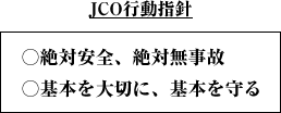 JCO行動指針。絶対安全、絶対無事故。基本を大切に、基本を守る